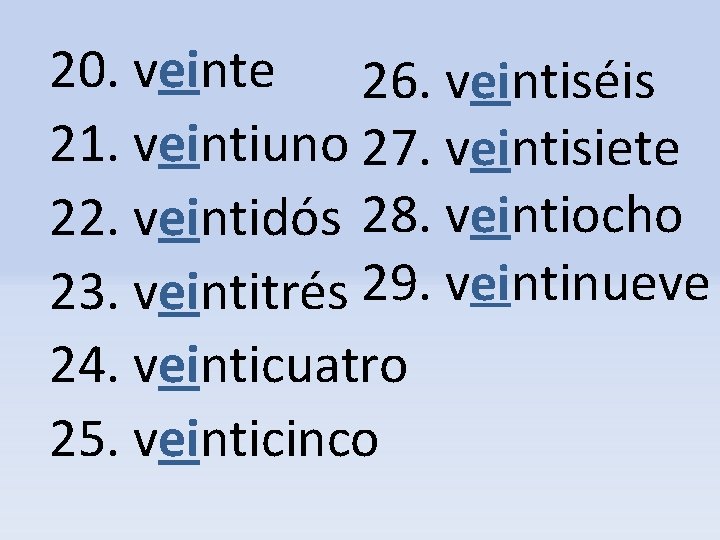 20. veinte 26. veintiséis 21. veintiuno 27. veintisiete 22. veintidós 28. veintiocho 23. veintitrés