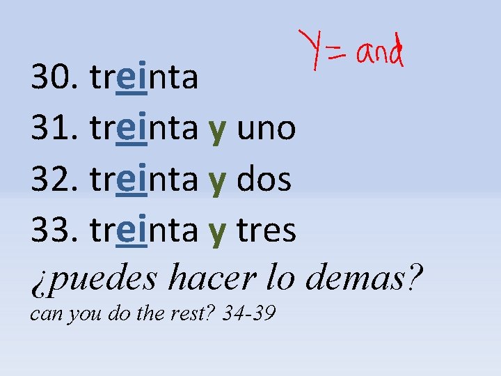 30. treinta 31. treinta y uno 32. treinta y dos 33. treinta y tres