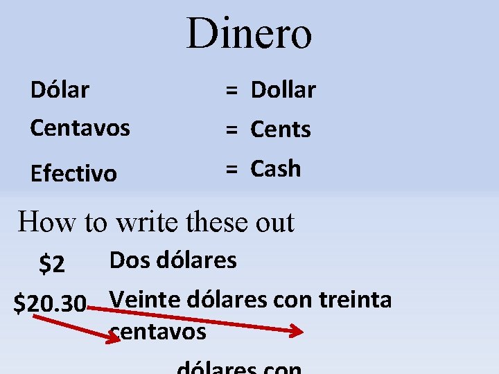 Dinero Dólar Centavos = Dollar Efectivo = Cash = Cents How to write these