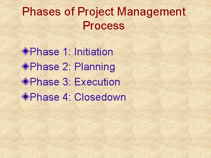 Phases of Project Management Process Phase 1: Initiation Phase 2: Planning Phase 3: Execution