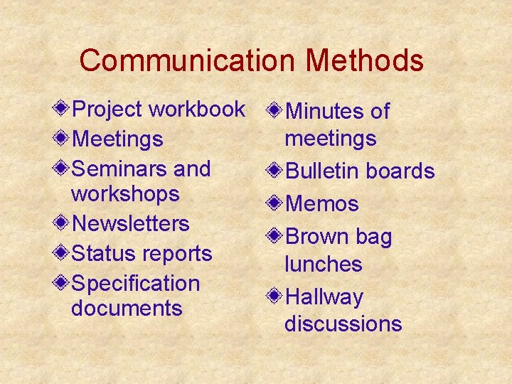 Communication Methods Project workbook Meetings Seminars and workshops Newsletters Status reports Specification documents Minutes