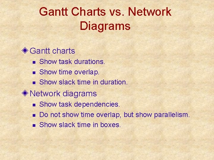 Gantt Charts vs. Network Diagrams Gantt charts n n n Show task durations. Show