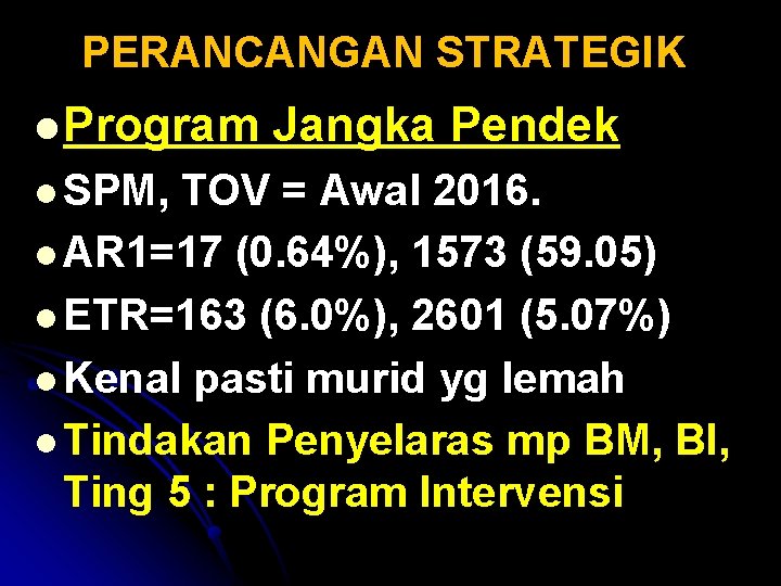PERANCANGAN STRATEGIK l Program Jangka Pendek l SPM, TOV = Awal 2016. l AR PERANCANGAN STRATEGIK l Program Jangka Pendek l SPM, TOV = Awal 2016. l AR