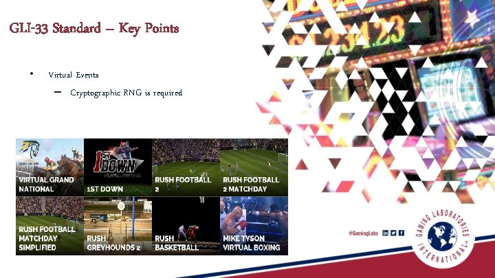 GLI-33 Standard – Key Points • Virtual Events – Cryptographic RNG is required 