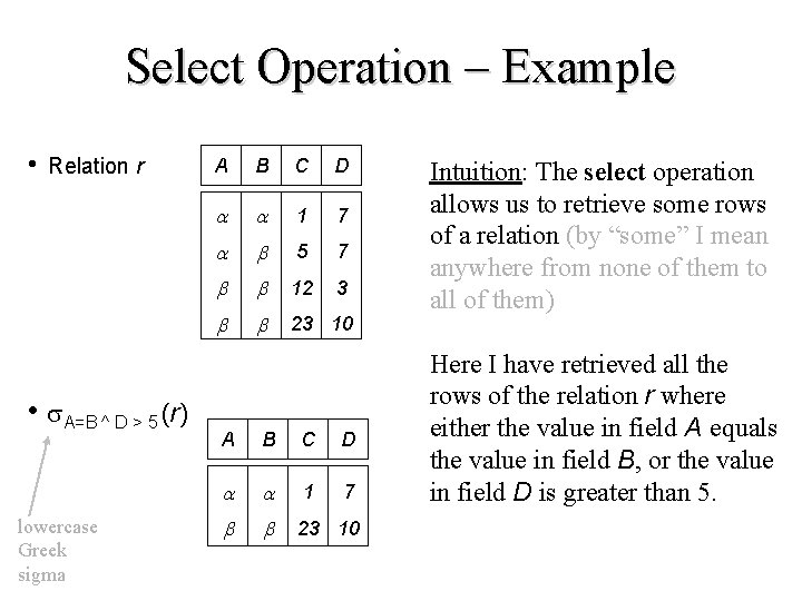 Select Operation – Example • Relation r • A=B ^ D > 5 (r)