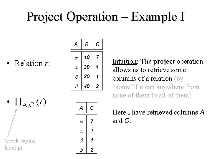 Project Operation – Example I • Relation r: • A, C (r) Greek capital