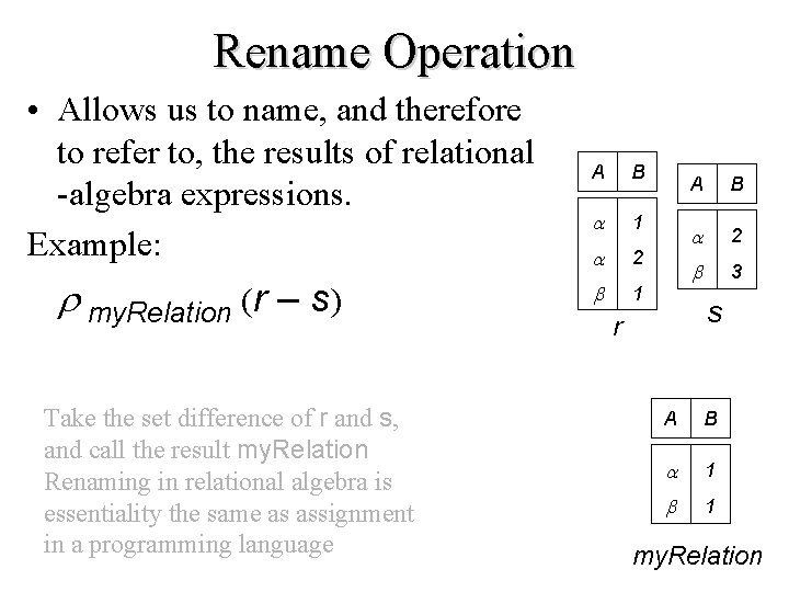 Rename Operation • Allows us to name, and therefore to refer to, the results