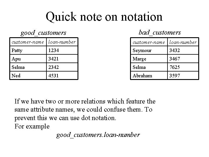 Quick note on notation good_customers bad_customers customer-name loan-number Patty 1234 Seymour 3432 Apu 3421