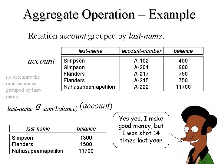 Aggregate Operation – Example Relation account grouped by last-name: account i. e calculate the