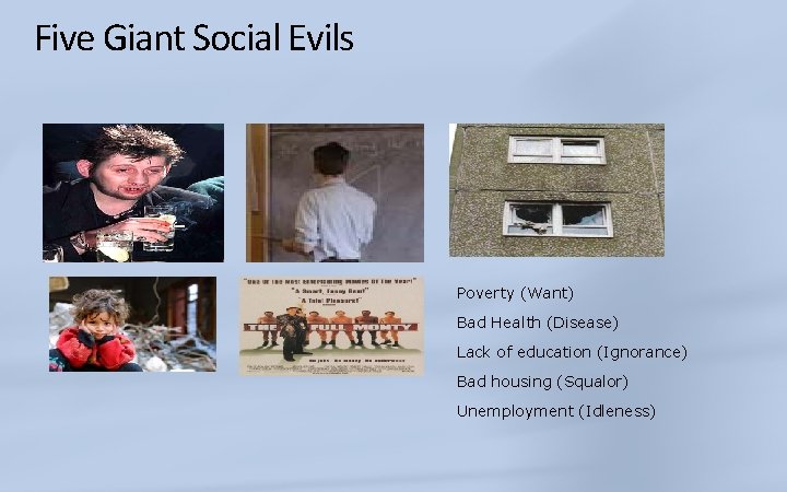 Five Giant Social Evils Poverty (Want) Bad Health (Disease) Lack of education (Ignorance) Bad