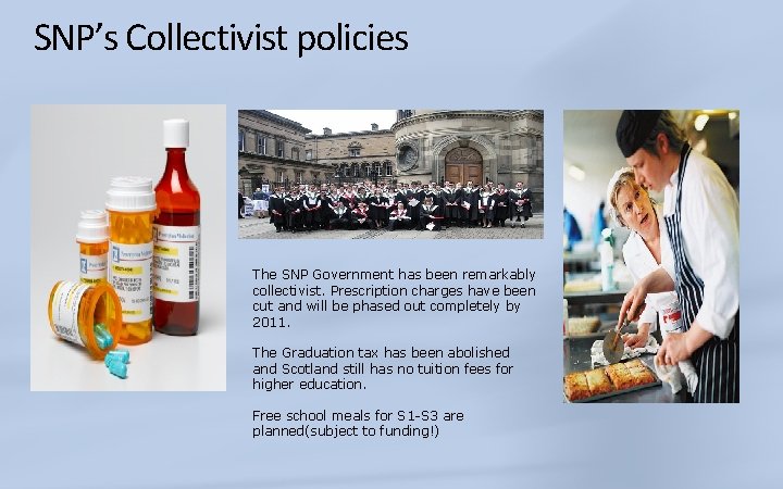 SNP’s Collectivist policies The SNP Government has been remarkably collectivist. Prescription charges have been