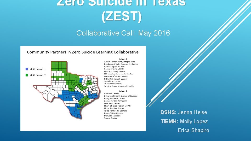 Zero Suicide in Texas (ZEST) Collaborative Call: May 2016 DSHS: Jenna Heise TIEMH: Molly