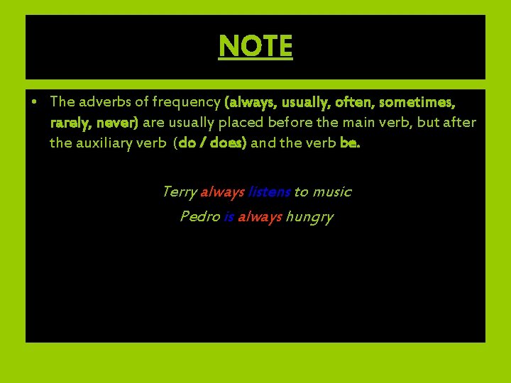 NOTE • The adverbs of frequency (always, usually, often, sometimes, rarely, never) are usually