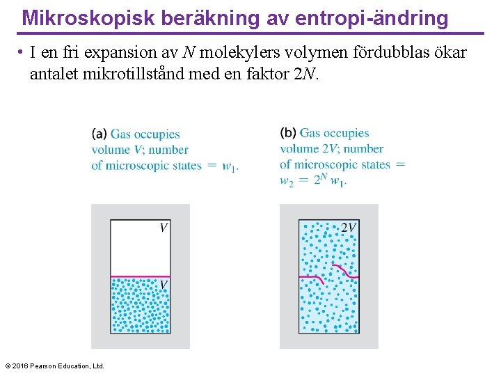 Mikroskopisk beräkning av entropi-ändring • I en fri expansion av N molekylers volymen fördubblas