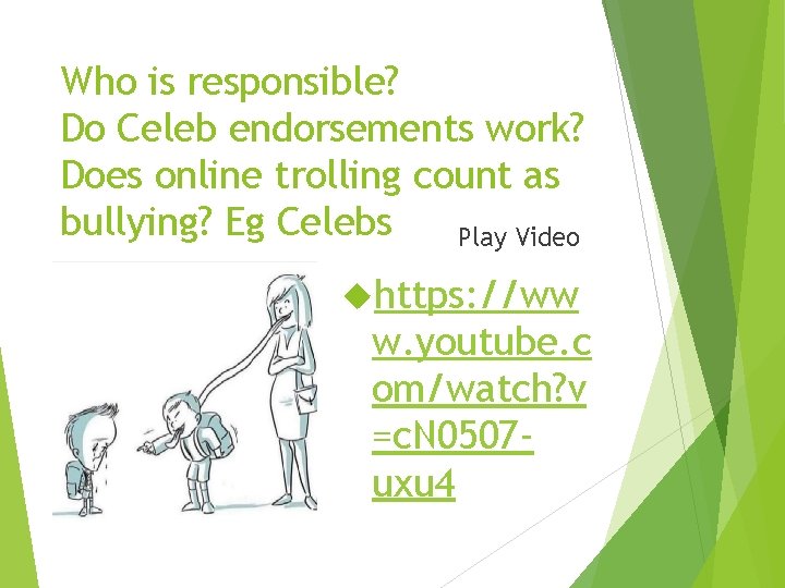 Who is responsible? Do Celeb endorsements work? Does online trolling count as bullying? Eg