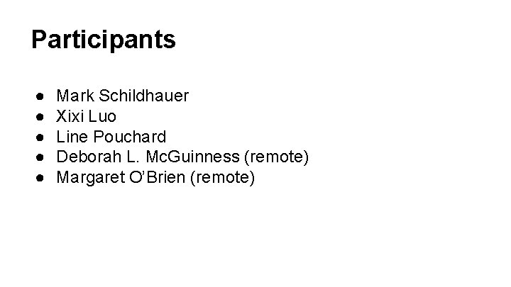 Participants ● ● ● Mark Schildhauer Xixi Luo Line Pouchard Deborah L. Mc. Guinness