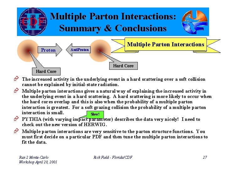 Multiple Parton Interactions: Summary & Conclusions Proton Multiple Parton Interactions Anti. Proton Hard Core