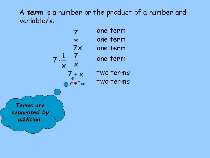 A term is a number or the product of a number and variable/s. one