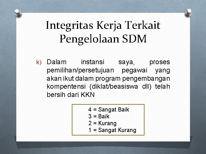 Integritas Kerja Terkait Pengelolaan SDM k) Dalam instansi saya, proses pemilihan/persetujuan pegawai yang akan