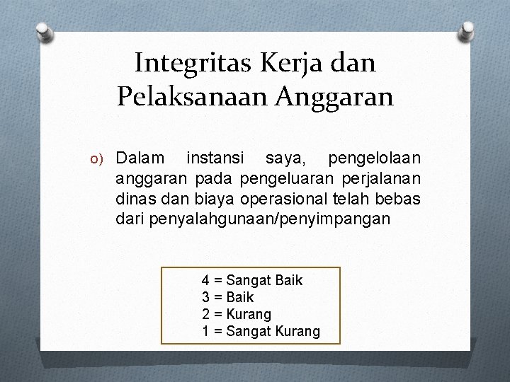 Integritas Kerja dan Pelaksanaan Anggaran o) Dalam instansi saya, pengelolaan anggaran pada pengeluaran perjalanan