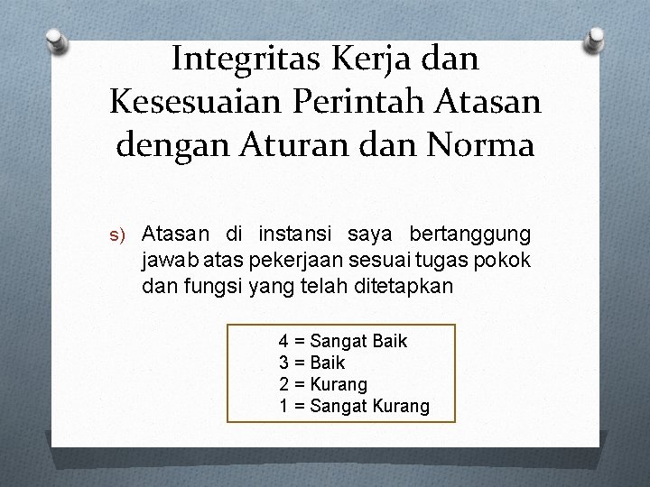 Integritas Kerja dan Kesesuaian Perintah Atasan dengan Aturan dan Norma s) Atasan di instansi