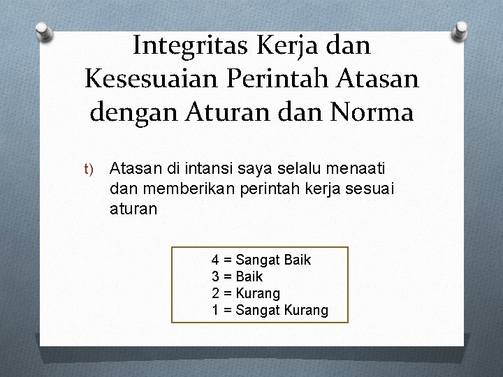 Integritas Kerja dan Kesesuaian Perintah Atasan dengan Aturan dan Norma t) Atasan di intansi