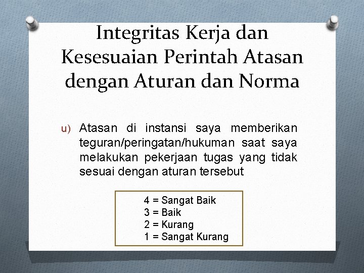 Integritas Kerja dan Kesesuaian Perintah Atasan dengan Aturan dan Norma u) Atasan di instansi