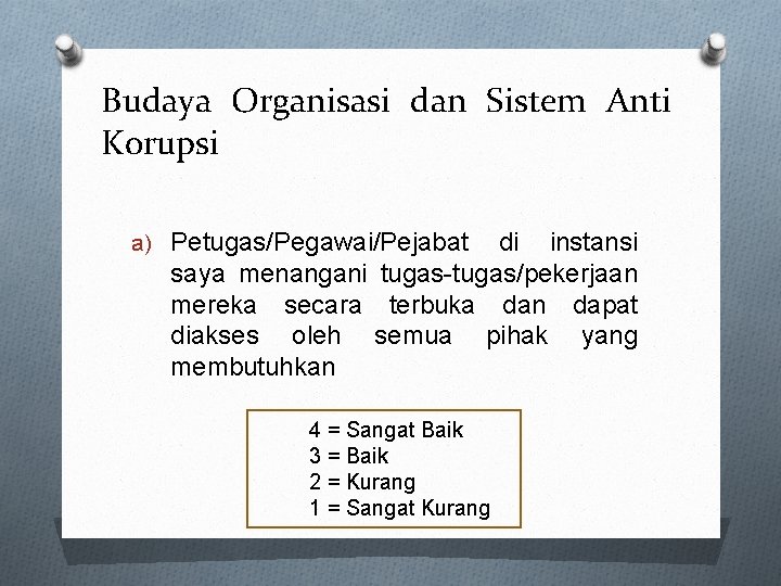 Budaya Organisasi dan Sistem Anti Korupsi a) Petugas/Pegawai/Pejabat di instansi saya menangani tugas-tugas/pekerjaan mereka