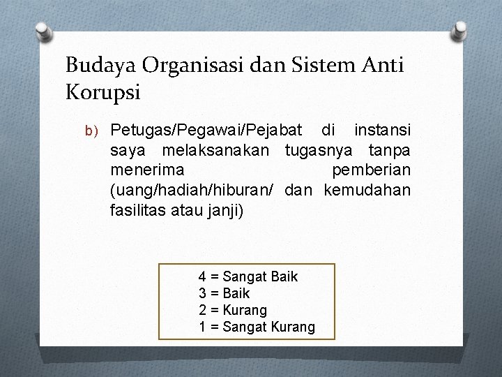 Budaya Organisasi dan Sistem Anti Korupsi b) Petugas/Pegawai/Pejabat di instansi saya melaksanakan tugasnya tanpa