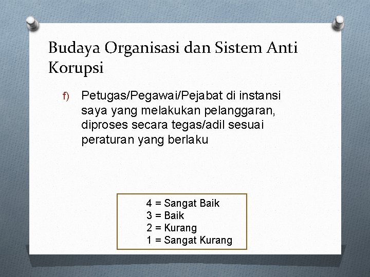 Budaya Organisasi dan Sistem Anti Korupsi f) Petugas/Pegawai/Pejabat di instansi saya yang melakukan pelanggaran,