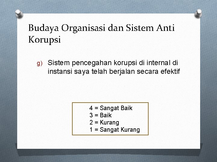 Budaya Organisasi dan Sistem Anti Korupsi g) Sistem pencegahan korupsi di internal di instansi