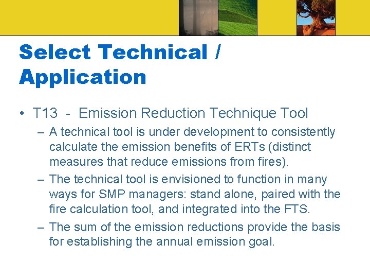 Select Technical / Application • T 13 - Emission Reduction Technique Tool – A
