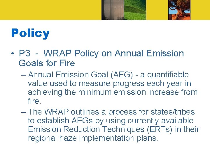 Policy • P 3 - WRAP Policy on Annual Emission Goals for Fire –