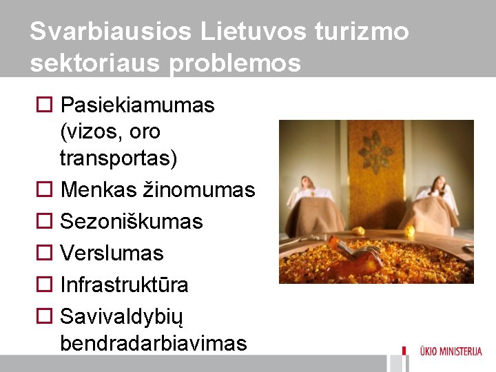 Svarbiausios Lietuvos turizmo sektoriaus problemos o Pasiekiamumas (vizos, oro transportas) o Menkas žinomumas o