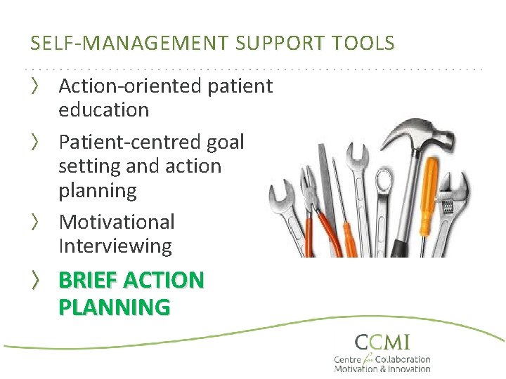 SELF-MANAGEMENT SUPPORT TOOLS 〉 Action-oriented patient education 〉 Patient-centred goal setting and action planning