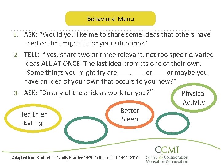 Behavioral Menu 1. ASK: “Would you like me to share some ideas that others