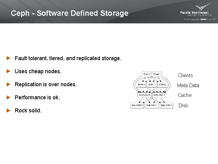 Ceph - Software Defined Storage Fault tolerant, tiered, and replicated storage. Uses cheap nodes.