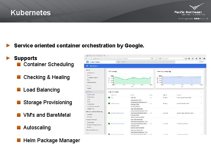 Kubernetes Service oriented container orchestration by Google. Supports Container Scheduling Checking & Healing Load