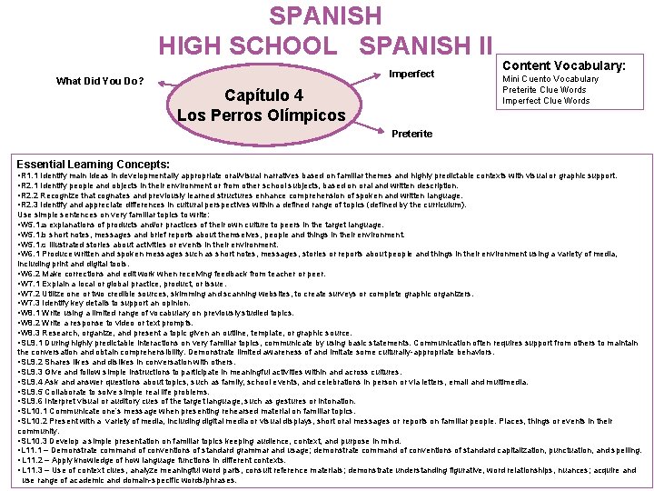 SPANISH HIGH SCHOOL SPANISH II What Did You Do? Imperfect Capítulo 4 Los Perros