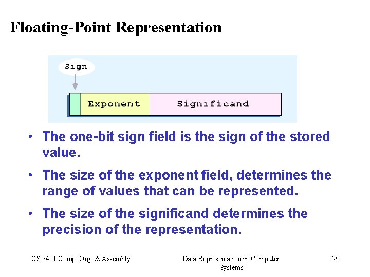 Floating-Point Representation • The one-bit sign field is the sign of the stored value.