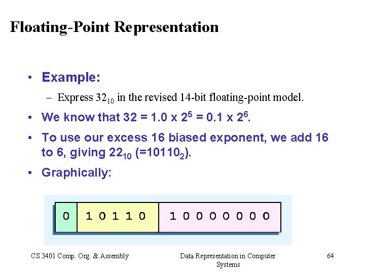 Floating-Point Representation • Example: – Express 3210 in the revised 14 -bit floating-point model.