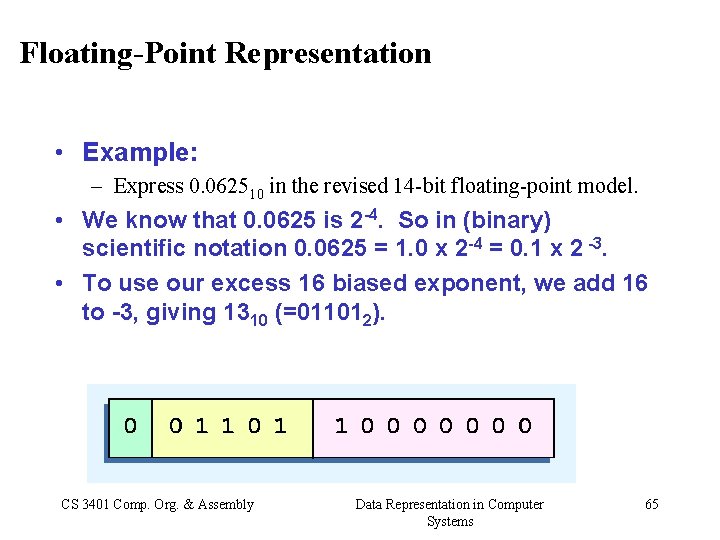 Floating-Point Representation • Example: – Express 0. 062510 in the revised 14 -bit floating-point