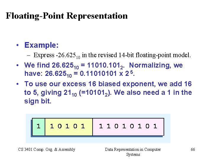 Floating-Point Representation • Example: – Express -26. 62510 in the revised 14 -bit floating-point