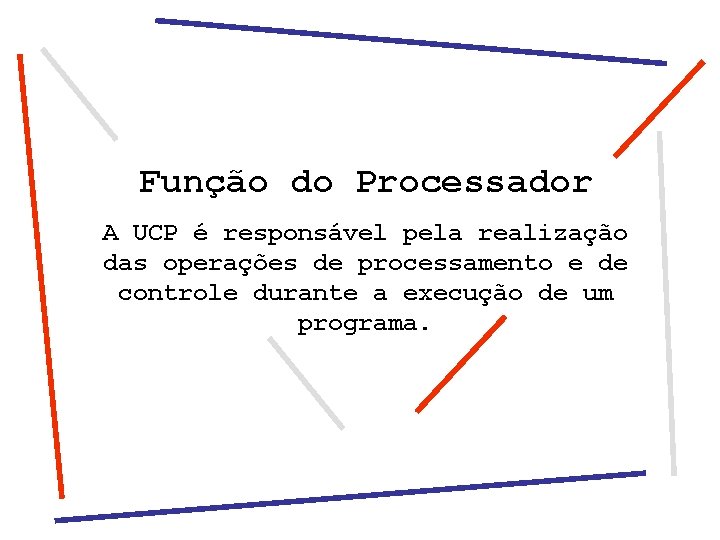 Função do Processador A UCP é responsável pela realização das operações de processamento e