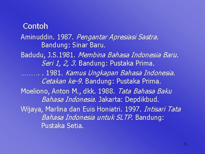 Contoh Aminuddin. 1987. Pengantar Apresiasi Sastra. Bandung: Sinar Baru. Badudu, J. S. 1981. Membina