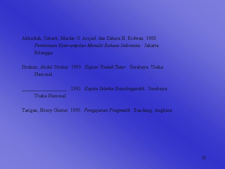 Akhadiah, Sabarti, Maidar G. Arsjad. dan Sakura H. Ridwan. 1988. Pembinaan Keterampilan Menulis Bahasa