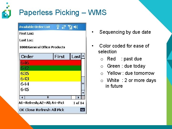 Paperless Picking – WMS • Sequencing by due date • Color coded for ease