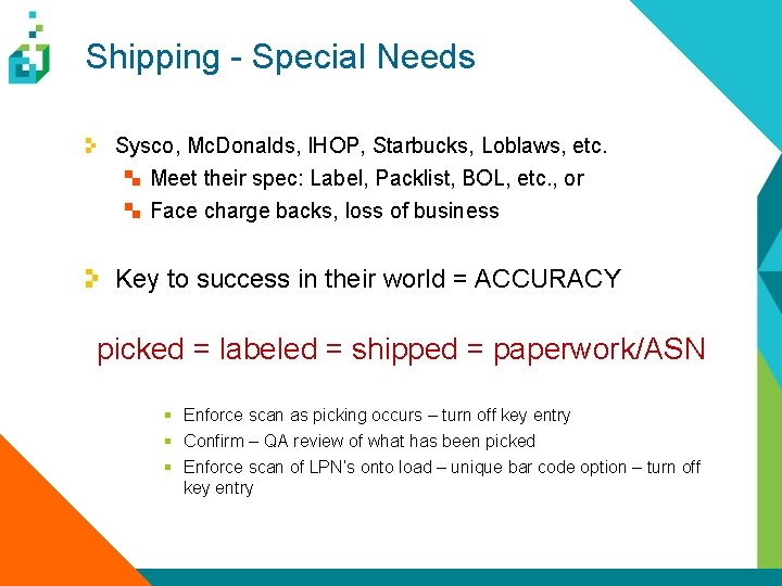 Shipping - Special Needs Sysco, Mc. Donalds, IHOP, Starbucks, Loblaws, etc. Meet their spec: