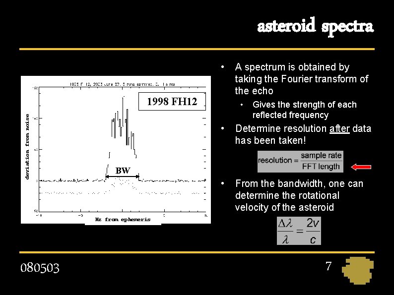 asteroid spectra • deviation from noise 1998 FH 12 moving away BW A spectrum