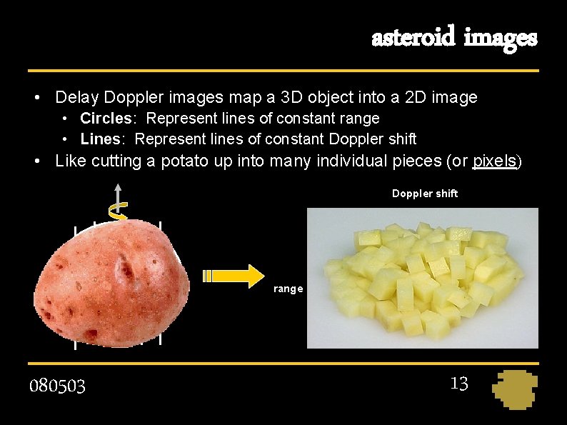 asteroid images • Delay Doppler images map a 3 D object into a 2